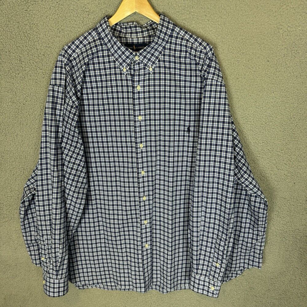 Ralph Lauren Shirt Mens 4XB Blue Plaid Long Sleeve Button Down Cotton Stretch‎